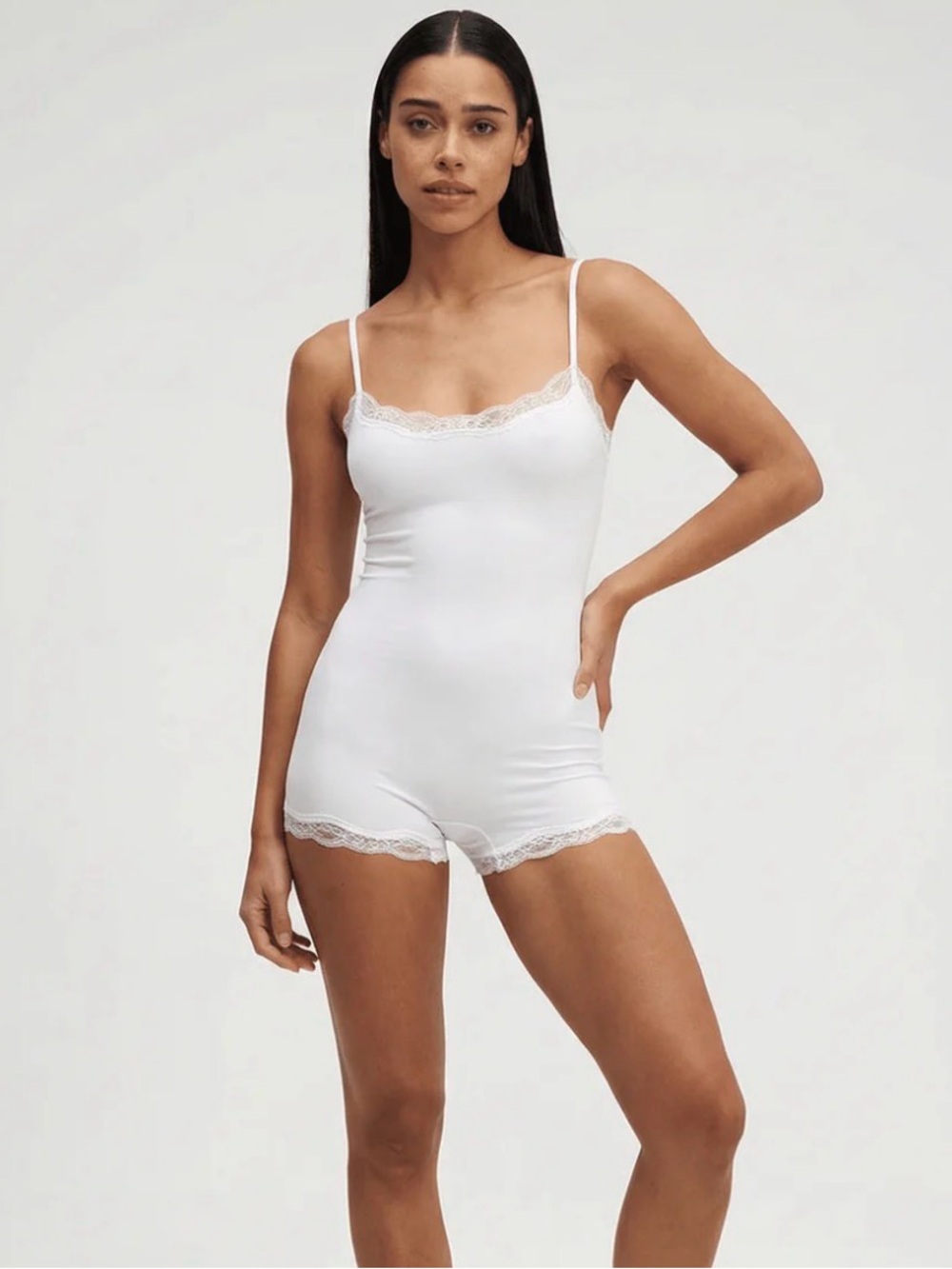 Cream Lace-Trim Slip Romper with Adjustable Straps